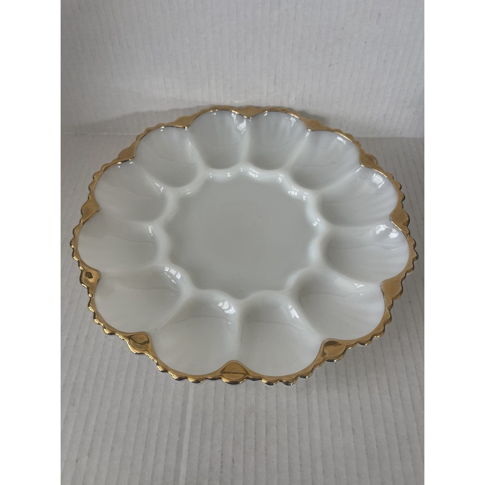 Vintage Anchor Hocking Fire-King Milk Glass Deviled Egg Plate Gold Trim 10"